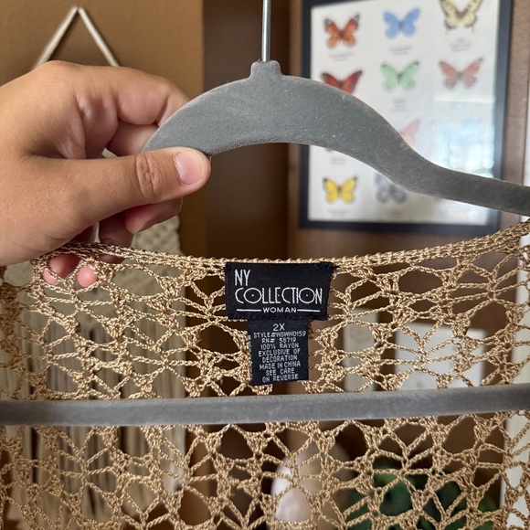 NY Collection Gold Crochet Fringe Beaded Open Cardigan / Size 2x - Picture 2 of 12